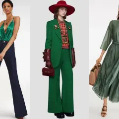 Tre donne indossano abiti eleganti in varie tonalità di verde, dal brillante verde militare al tenue verde salvia.