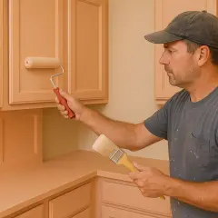 Uomo con cappellino applica laccatura legno a mobili da cucina con rullo e pennello.