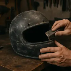 Mani che carteggiano un casco da moto vintage, preparandolo per verniciare.