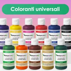 Dieci flaconi di coloranti universali per colorare il marmo e resine, in varie tonalità: viola, giallo, magenta, rosso, blu, nero, verde cromo, arancione, marrone e ocra.