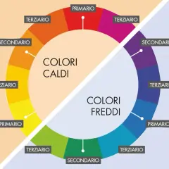 Ruota dei colori divisa: colori caldi (rosso, arancio, giallo) e colori freddi (blu, viola, verde).