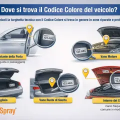 Guida per trovare il codice di un colore auto: montante porta, vano motore, bagagliaio, vano ruota di scorta e interno cofano.