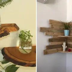 Idee mensole con pallet: mensole in legno grezzo e una composizione angolare in pallet per un tocco rustico.