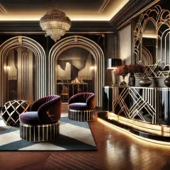 Salotto lussuoso in stile art déco anni 20, con poltrone in velluto viola, mobile bar nero e oro, e un grande specchio decorato.