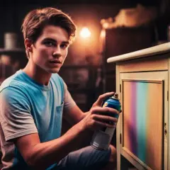 Giovane artista che sta verniciando con bomboletta spray su legno un mobile, creando un effetto arcobaleno.
