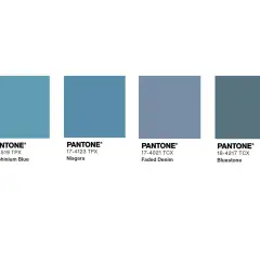 Quattro campioni di colore Pantone: Delphinium Blue, Niagara, Faded Denim e Bluestone, tonalità di avio colore che evocano il cielo e il mare.