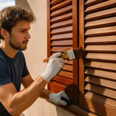 Giovane uomo con guanti bianchi effettua la verniciatura persiane in legno, rinnovando la facciata con cura.