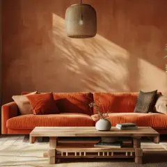 Divano arancione acceso, con cuscini morbidi e un tavolino in legno. L'ambiente è scaldato da un'illuminazione soffusa e da un'ombra che ricorda il colore damasco.