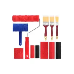 Set di rulli per pittura con vari motivi, tra cui un rullo effetto legno, pennelli e accessori per creare texture.