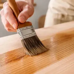 Mano che stende vernice trasparente su un piano di legno con un pennello. Un modo per proteggere e rinnovare il legno, ideale per chi vuole sapere come riempire buchi nel legno con finiture.