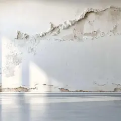 Muro scrostato con macchie d'umidità. La domanda "dopo quanto tempo si applica il trasparente sulla vernice" suggerisce un problema di verniciatura.