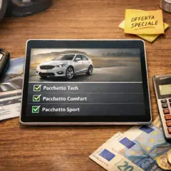 Tablet con auto bianca, pacchetti selezionati e calcolatrice con 35000. Il colore carrozzeria dell'auto è un elegante argento.