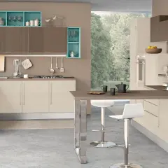 Cucina moderna con pensili color tortora e turchese, perfetti come idee pittura pareti cucina per un tocco di colore.