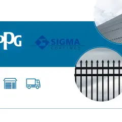Loghi Solid Paint, PPG e Sigma Coatings. Immagini di un tetto metallico, una recinzione e un parcheggio. Soluzioni per ppg vernici.