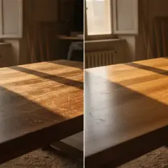 Prima e dopo: come togliere il flatting dal legno. Il tavolo graffiato è ora liscio e lucido, pronto per un nuovo trattamento.