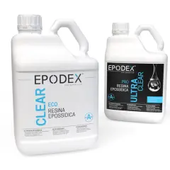 Due taniche di resina epossidica per legno: una "ECO CLEAR" e una "ULTRA CLEAR PRO". Scopri come si usa la resina epossidica per legno.