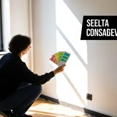 Persona sceglie colori per pitture decorative, confrontando campioni su una parete chiara.