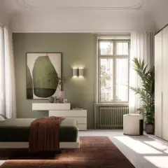 Camera da letto con un elegante abbinamento verde e tortora. Pareti verdi, letto con testiera imbottita, armadio tortora e un quadro astratto.