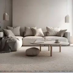 Un soggiorno accogliente con divano angolare, tavolino e tappeto. Il colore taupe è presente in tutto l'arredamento, creando un'atmosfera rilassante.