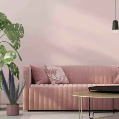 Divano rosa cipria su muri color tortora rosato, con piante verdi e tavolini dorati.