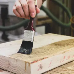 Mano che applica vernice trasparente su un pezzo di legno grezzo con un pennello. Guida su come verniciare il legno per proteggerlo.