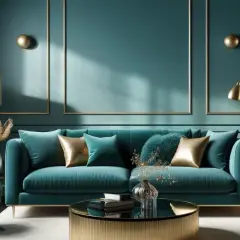 Un elegante salotto con divano e poltrona color ottanio, dettagli dorati e luci soffuse creano un'atmosfera lussuosa.