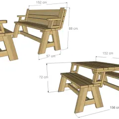 Disegni tecnici di panche in legno fai da te, con misure indicate. Un set include una panca singola e una panca doppia con tavolo integrato.