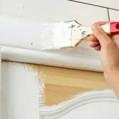 Mano che dipinge con un pennello bianco una porta interna in legno, rinnovando l'aspetto.