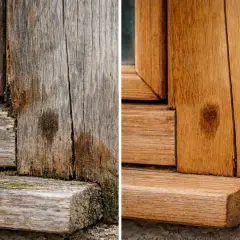 Legno effetto invecchiato bianco: prima e dopo il restauro. Il legno usurato dal tempo viene riportato al suo splendore naturale.