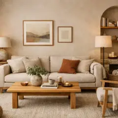 Salotto accogliente con divano beige, tavolino in legno e quadri alle pareti. L'ambiente è pervaso da **colori caldi** e texture naturali, creando un'atmosfera rilassante.
