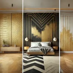 Interni di lusso con dettagli in **colore dorato**. Pareti texturizzate, motivi geometrici e un letto moderno creano un'atmosfera opulenta.