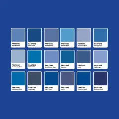 Tavola colori Pantone: una selezione di tonalità di blu, dal chiaro al scuro, per ispirare progetti creativi.