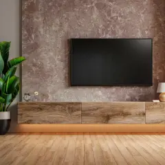 Soggiorno moderno con TV a parete, mobile in legno e una grande pianta. La parete di fondo ha una texture che ricorda una pittura sabbiata, un dettaglio che influisce sul pittura sabbiata prezzo.