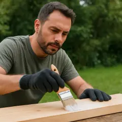 Uomo con guanti vernicia un asse di legno grezzo di abete all'aperto, con un pennello bianco.
