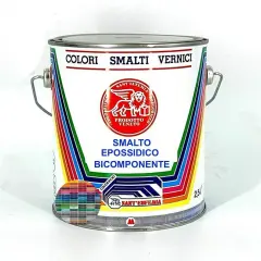 Latta di smalto epossidico bicomponente bianco, atossico per alimenti, con logo Sant'Eufemia e campioni di colore.