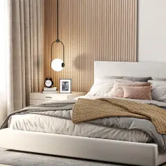 Pittura idee parete dietro letto matrimoniale: pannelli in legno chiaro creano un'atmosfera calda e accogliente, perfetti per ispirare il tuo riposo.