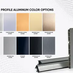 Opzioni di colore per profili battiscopa in alluminio: spazzolato, cromato, rame, oro, bronzo, bianco, inox, nero e grigio fumé.