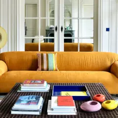 Divano senape con cuscino a righe colorate. Tavolino con libri e oggetti decorativi. Abbinamenti moderni e audaci.