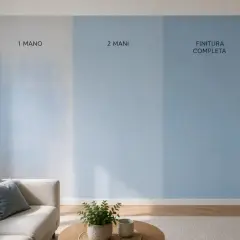 Parete con campioni di vernice blu: 1 mano, 2 mani e finitura completa. Si vede l'effetto del primo strato, un undercoat leggero, che migliora con le mani successive.