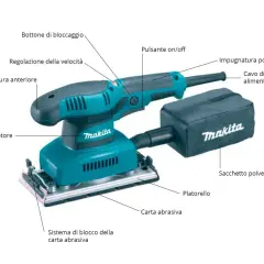 Levigatrice orbitale Makita con sacchetto polvere. Illustra le parti: impugnature, pulsanti, motore, platorello e carta abrasiva.