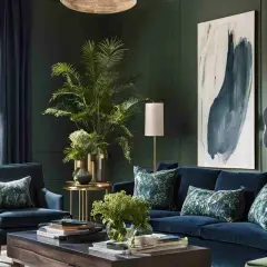 Elegante soggiorno con divano blu e poltrone, accentuato da cuscini con un sofisticato abbinamento verde salvia e blu.
