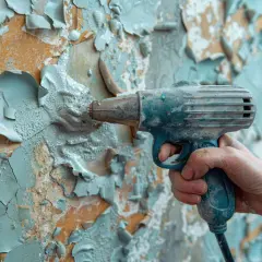 Strumento per rimuovere la pittura scrostata da un muro. La mano impugna l'utensile, pronto a iniziare il lavoro.