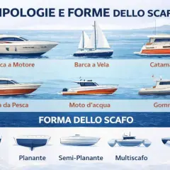 Diverse tipologie di barche e forme dello scafo. La scelta del colore, ad esempio per una barca a motore bianca con scafo arancione, dipende dal gusto personale.