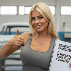 Donna sorridente in officina, con un foglio su "Verniciatura Carrozzeria: 5 trucchi per superfici curve e complessi!". Dietro, un'auto in fase di preparazione, forse per un nuovo colore metallizzato auto.