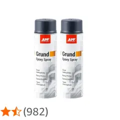 Due lattine di spray "Grund Epoxy Spray" con un design a strisce grigie e bianche. Un ottimo fondo bagnato su bagnato per preparare le superfici.