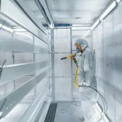 Persona in tuta protettiva esegue un corso di verniciatura a spruzzo su profili metallici appesi in una cabina.