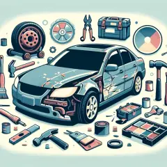 Auto danneggiata circondata da attrezzi e colori, pronta per riparazioni. Si vedono nomi carrozzeria auto e parti di ricambio.