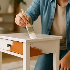 Mano che dipinge un tavolino, creando nuovi strati di vernice bianca su un cassetto arancione.