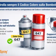 Due bombolette spray, una grigia e una rossa, mostrano il codice colore 647. Il rosso Ferrari, codice colore 647, è perfetto per il ritocco.