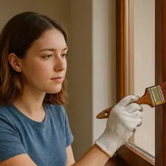 Donna con guanto bianco applica vernice su infissi in legno esterni con un pennello.